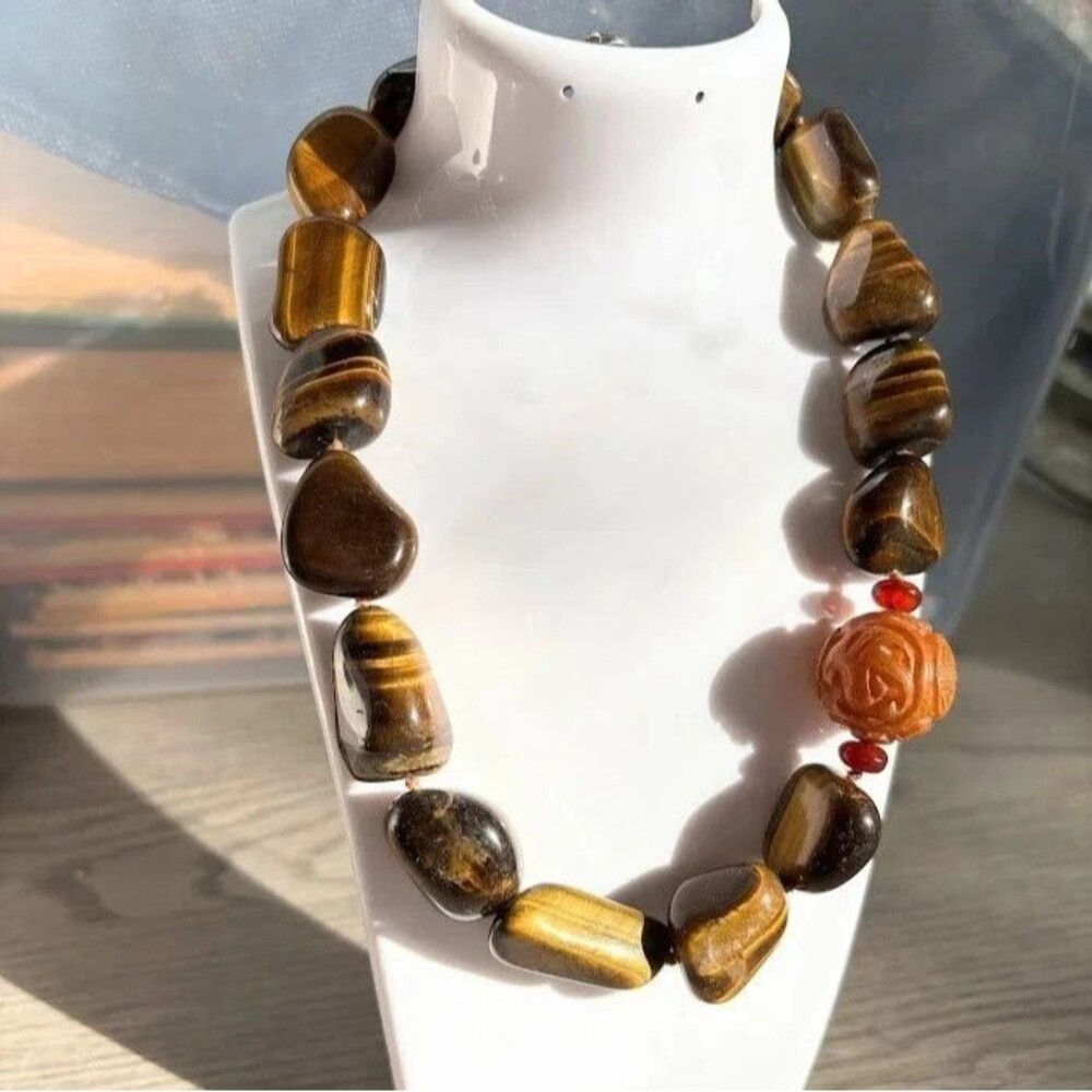 Vintage Sterling Silver Tiger’s Eye Necklace Hand Knotted Shou Bead 17" Chinese - Picture 3 of 16